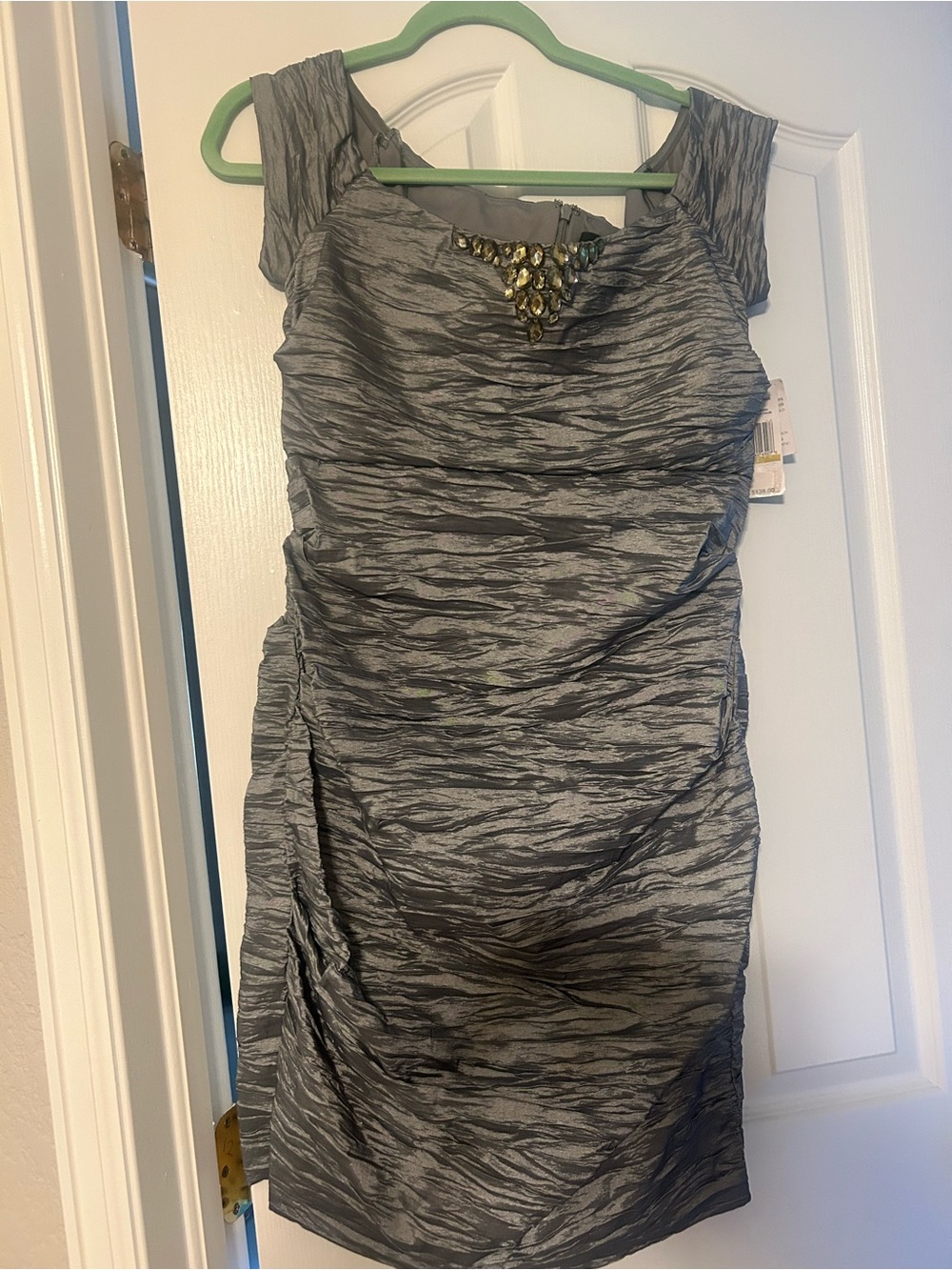 Alex Evenings Gray Ruched Midi Dress with Gem Accent